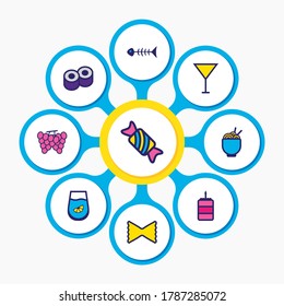 Vector illustration of 9 eating icons colored line. Editable set of bonbon, grape, birthday cake and other icon elements.