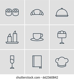 Vector Illustration Of 9 Eating Icons. Editable Pack Of Hat, Tea, Dessert And Other Elements.
