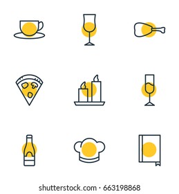 Vector Illustration Of 9 Eating Icons. Editable Pack Of Book, Leg, Wine And Other Elements.