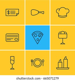Vector Illustration Of 9 Eating Icons. Editable Pack Of Pepperoni, Hat, Wine And Other Elements.