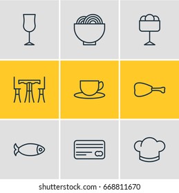 Vector Illustration Of 9 Eating Icons. Editable Pack Of Card, Table, Leg And Other Elements.