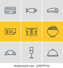 Vector Illustration Of 9 Eating Icons. Editable Pack Of Wine, Seafood, Table And Other Elements.