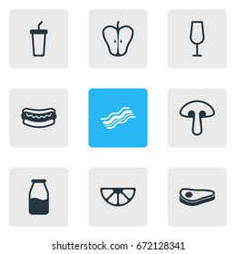 Vector Illustration Of 9 Eating Icons. Editable Pack Of Streetfood, Lime, Cruet And Other Elements.