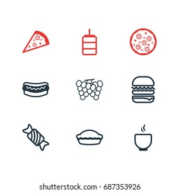 Vector Illustration Of 9 Eating Icons. Editable Pack Of Pastry, Candy, Bowl Elements.
