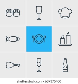 Vector Illustration Of 9 Eating Icons. Editable Pack Of Wine, Leg, Seafood And Other Elements.