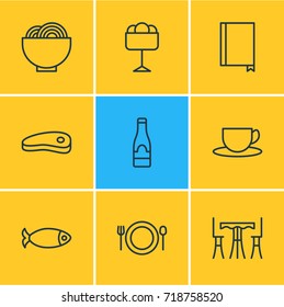 Vector Illustration Of 9 Eating Icons. Editable Pack Of Food, Table, Alcohol And Other Elements.