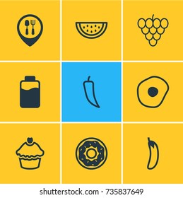 Vector Illustration Of 9 Eating Icons. Editable Pack Of Restaurant, Summer Fruit, Scrambled Egg And Other Elements.