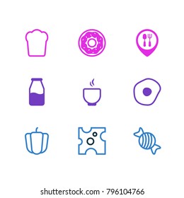 Vector illustration of 9 eating icons line style. Editable set of candy, donuts, dinner place elements.