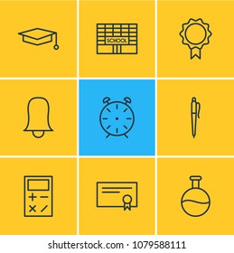 Vector illustration of 9 education icons line style. Editable set of flask, bell, pen and other icon elements.