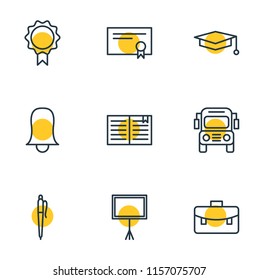 Vector illustration of 9 education icons line style. Editable set of school bus, book, briefcase and other icon elements.