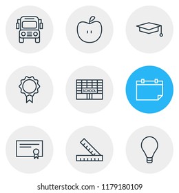 Vector illustration of 9 education icons line style. Editable set of graduation hat, award, calendar and other icon elements.