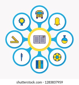 Vector illustration of 9 education icons colored line. Editable set of rulers, book, award and other icon elements.
