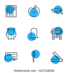 Vector illustration of 9 education icons line style. Editable set of school bus, rulers, apple and other icon elements.