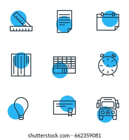 Vector Illustration Of 9 Education Icons. Editable Pack Of Clock, Meter, Bookshelf And Other Elements.