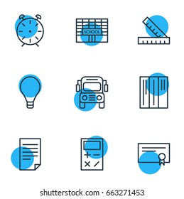 Vector Illustration Of 9 Education Icons. Editable Pack Of Diploma, Bookshelf, Clock And Other Elements.