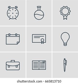 Vector Illustration Of 9 Education Icons. Editable Pack Of Tube, Clock, Portfolio And Other Elements.