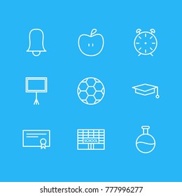 Vector illustration of 9 education icons line style. Editable set of apple, certificate, ball and other elements.