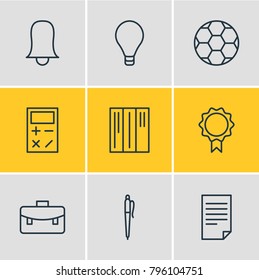 Vector illustration of 9 education icons line style. Editable set of briefcase, light, bell and other elements.