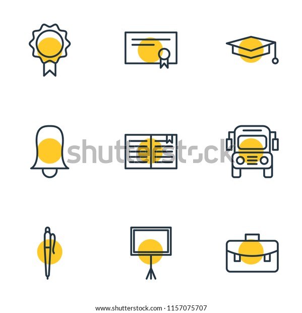 Vector illustration of 9 education icons line\
style. Editable set of school bus, book, briefcase and other icon\
elements.