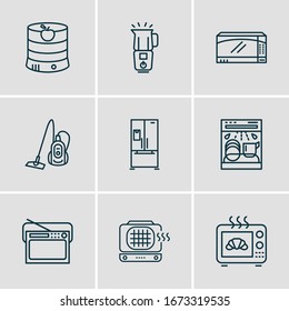 Vector illustration of 9 electric utility icons line style. Editable set of baking machine, vacuum cleaner, radio and other icon elements.