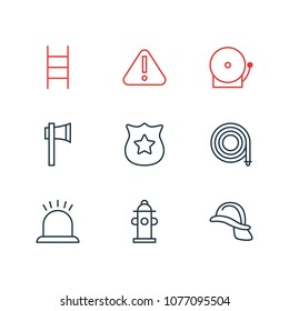 Vector illustration of 9 emergency icons line style. Editable set of helmet, siren, hydrant and other icon elements.