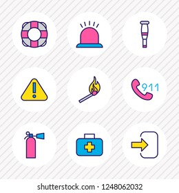 Vector illustration of 9 emergency icons colored line. Editable set of medical case, crutches, lifebuoy and other icon elements.
