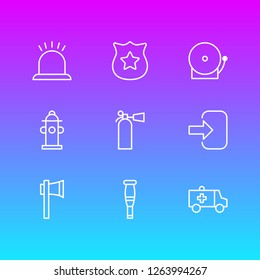 Vector illustration of 9 emergency icons line style. Editable set of alarm, crutches, extinguisher and other icon elements.