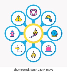 Vector illustration of 9 emergency icons colored line. Editable set of attention, exit, match and other icon elements.