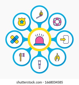Vector illustration of 9 emergency icons colored line. Editable set of fire, siren, axe and other icon elements.