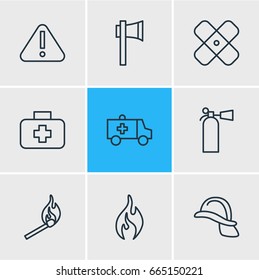 Vector Illustration Of 9 Emergency Icons. Editable Pack Of Fire, Adhesive, Hardhat And Other Elements.