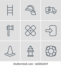 Vector Illustration Of 9 Emergency Icons. Editable Pack Of First-Aid, Door, Lifesaver And Other Elements.