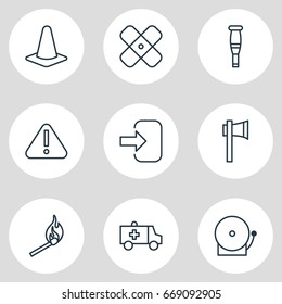 Vector Illustration Of 9 Emergency Icons. Editable Pack Of Siren, Door, Ax And Other Elements.