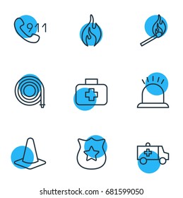Vector Illustration Of 9 Emergency Icons. Editable Pack Of Taper, Burn, Badge And Other Elements.