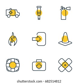 Vector Illustration Of 9 Emergency Icons. Editable Pack Of Lifesaver, Spike, Door And Other Elements.