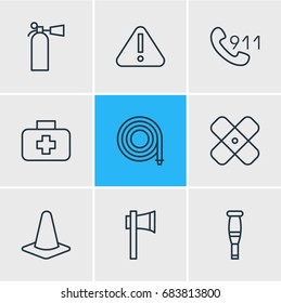 Vector Illustration Of 9 Emergency Icons. Editable Pack Of Safety, Medical Case, Hosepipe And Other Elements.