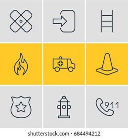 Vector Illustration Of 9 Emergency Icons. Editable Pack Of Hotline, Door, Taper And Other Elements.