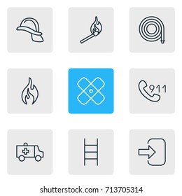 Vector Illustration Of 9 Emergency Icons. Editable Pack Of Stairs, Door, Burn And Other Elements.
