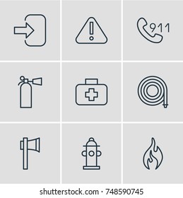Vector Illustration Of 9 Emergency Icons. Editable Pack Of Hosepipe, Ax, Water And Other Elements.