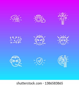 Vector illustration of 9 emoji icons line style. Editable set of trust, annoyed, strategy and other icon elements.