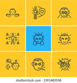 Vector illustration of 9 emoji icons line style. Editable set of attract people, anxious, learning and other icon elements.