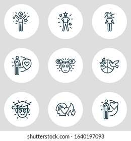 Vector illustration of 9 emoji icons line style. Editable set of passion, learning, inspired and other icon elements.