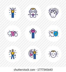 Vector illustration of 9 emoji icons colored line. Editable set of intelligence, tenderness, trust and other icon elements.