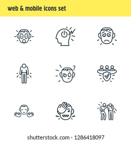 Vector Illustration Of 9 Emoticon Icons Line Style. Editable Set Of Mind Power, Empathy, Frustrated And Other Icon Elements.