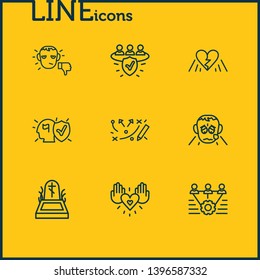 Vector illustration of 9 emoticon icons line style. Editable set of grieving, broken heart, teamwork and other icon elements.