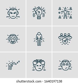 Vector illustration of 9 emoticon icons line style. Editable set of failure, attract people, innovation and other icon elements.