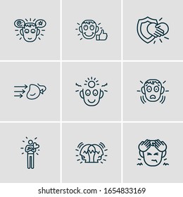 Vector illustration of 9 emoticon icons line style. Editable set of hungover, paranoid, gratitude and other icon elements.