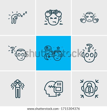 Vector illustration of 9 emoticon icons line style. Editable set of dreams, interest, problem and other icon elements.