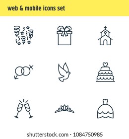 Vector illustration of 9 engagement icons line style. Editable set of firework, champagne, wedding cake and other icon elements.