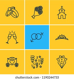 Vector illustration of 9 engagement icons line style. Editable set of groom suit, firework, posy and other icon elements.