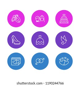 Vector illustration of 9 engagement icons line style. Editable set of dove, wedding cake, rings and other icon elements.